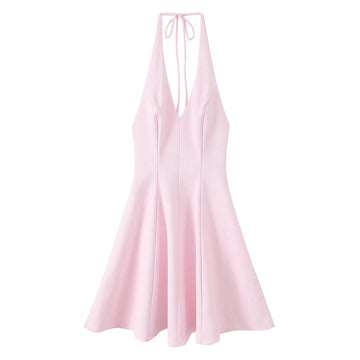 MQTIME  -  Summer New Arrivals Women's Wear Pure Color Temperament Sexy Backless Wave-Style Wide-Sleeve Halter Short Dress